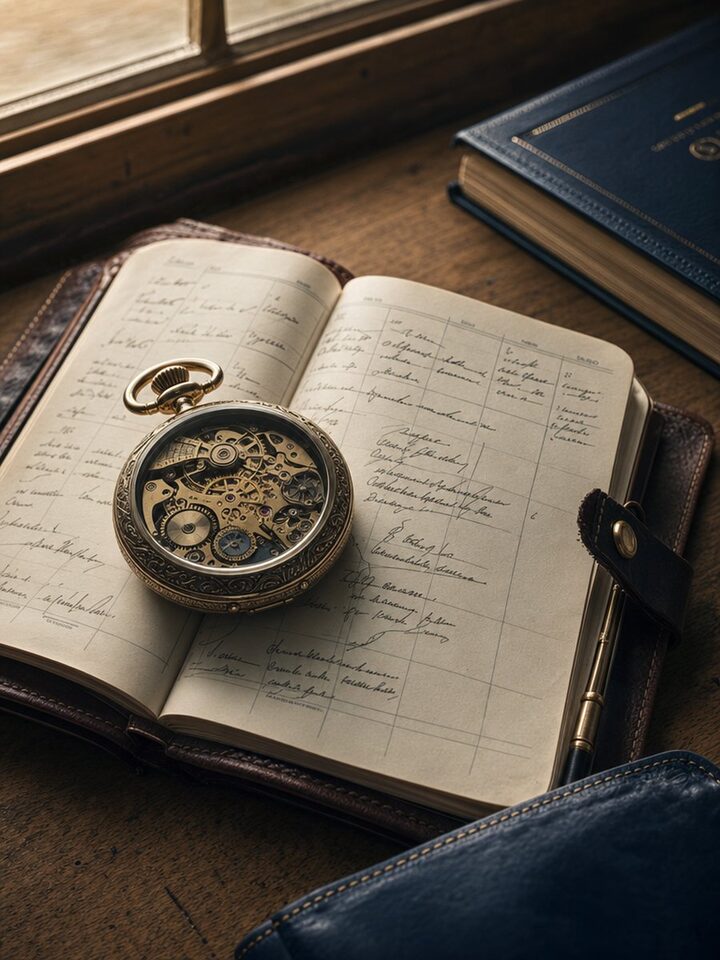 Reloj de bolsillo antiguo sobre diario personal abierto, junto a un libro de cubierta navy, representando la planeación de cobertura de gastos médicos a largo plazo.